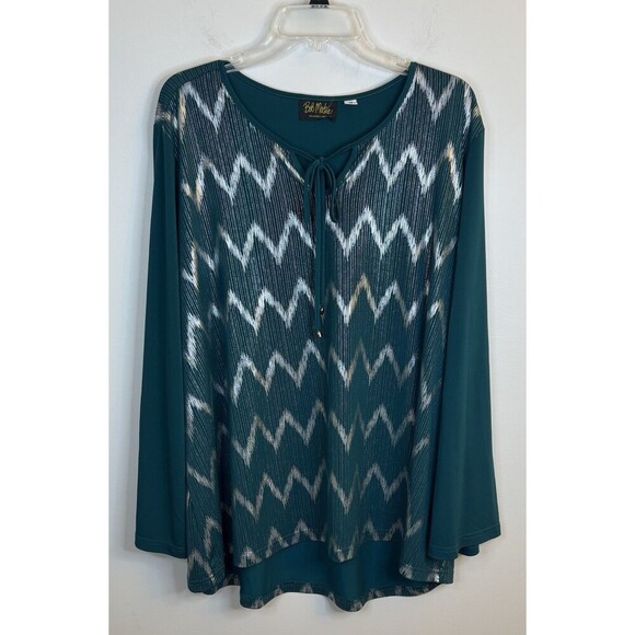 BOB MACKIE Chevron Hi-Low Knit Top Women 2X Green Tie Neck Metallic Party Blouse - Picture 3 of 12